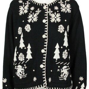 Vtg Ugly Christmas Sweater Snowflake Skiers Black White Sweater Womens XL /518